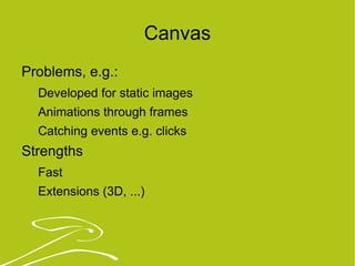 Canvas Problems, e.g.:  Developed for static images  Animations through frames Catching events e.g. clicks Strengths Fast Extensions (3D, ...) 