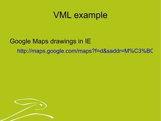 VML example Google Maps drawings in IE http://maps.google.com/maps?f=d&saddr=M%C3%BCnchen&daddr=Berlin&hl=de&geocode=&mra=ls&sll=50.247205,12.304688&sspn=5.178193,11.206055&ie=UTF8&ll=50.34546,12.304688&spn=5.167523,11.206055&z=7 
