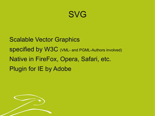 SVG Scalable Vector Graphics specified by W3C  (VML- and PGML-Authors involved) Native in FireFox, Opera, Safari, etc. Plugin for IE by Adobe 