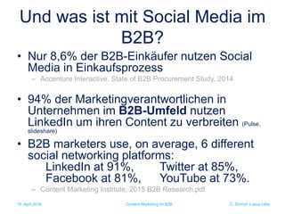 C. Stumpf, Lupus Labs
Und was ist mit Social Media im
B2B?
• Nur 8,6% der B2B-Einkäufer nutzen Social
Media in Einkaufsprozess
– Accenture Interactive, State of B2B Procurement Study, 2014
• 94% der Marketingverantwortlichen in
Unternehmen im B2B-Umfeld nutzen
LinkedIn um ihren Content zu verbreiten (Pulse,
slideshare)
• B2B marketers use, on average, 6 different
social networking platforms:
LinkedIn at 91%, Twitter at 85%,
Facebook at 81%, YouTube at 73%.
– Content Marketing Institute, 2015 B2B Research.pdf
15. April 2016 Content-Marketing im B2B
 