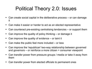 Political Theory 2.0: Issues ,[object Object],[object Object],[object Object],[object Object],[object Object],[object Object],[object Object],[object Object],[object Object]