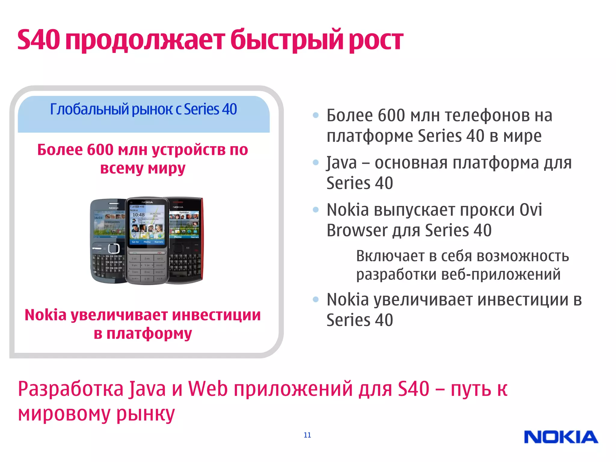 S40 продолжает быстрый рост

   Глобальный рынок с Series 40    • Более 600 млн телефонов на
                                     платформе Series 40 в мире
 Более 600 млн устройств по
        всему миру                 • Java – основная платформа для
                                     Series 40
                                   • Nokia выпускает прокси Ovi
                                     Browser для Series 40
                                       • Включает в себя возможность
                                         разработки веб-приложений
                                   • Nokia увеличивает инвестиции в
Nokia увеличивает инвестиции         Series 40
         в платформу


Разработка Java и Web приложений для S40 – путь к
мировому рынку
                                  11
 