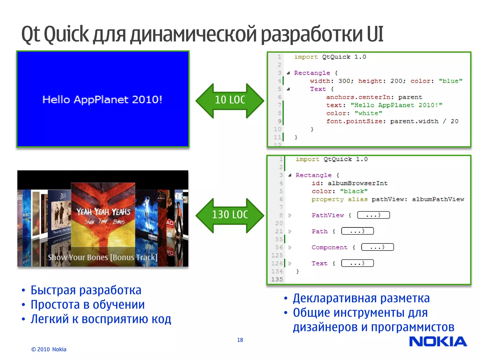 Qt Quick для динамической разработки UI

                            10 LOC




                            130 LOC




• Быстрая разработка
                                      • Декларативная разметка
• Простота в обучении
                                      • Общие инструменты для
• Легкий к восприятию код
                                        дизайнеров и программистов
                                18
 © 2010 Nokia
 