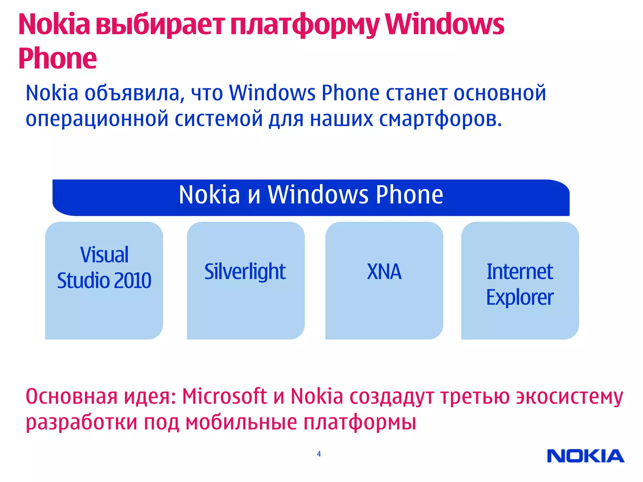 Nokia выбирает платформу Windows
Phone
Nokia объявила, что Windows Phone станет основной
операционной системой для наших смартфоров.


                 Nokia и Windows Phone

      Visual
   Studio 2010     Silverlight       XNA     Internet
                                             Explorer



Основная идея: Microsoft и Nokia создадут третью экосистему
разработки под мобильные платформы
                                 4
 