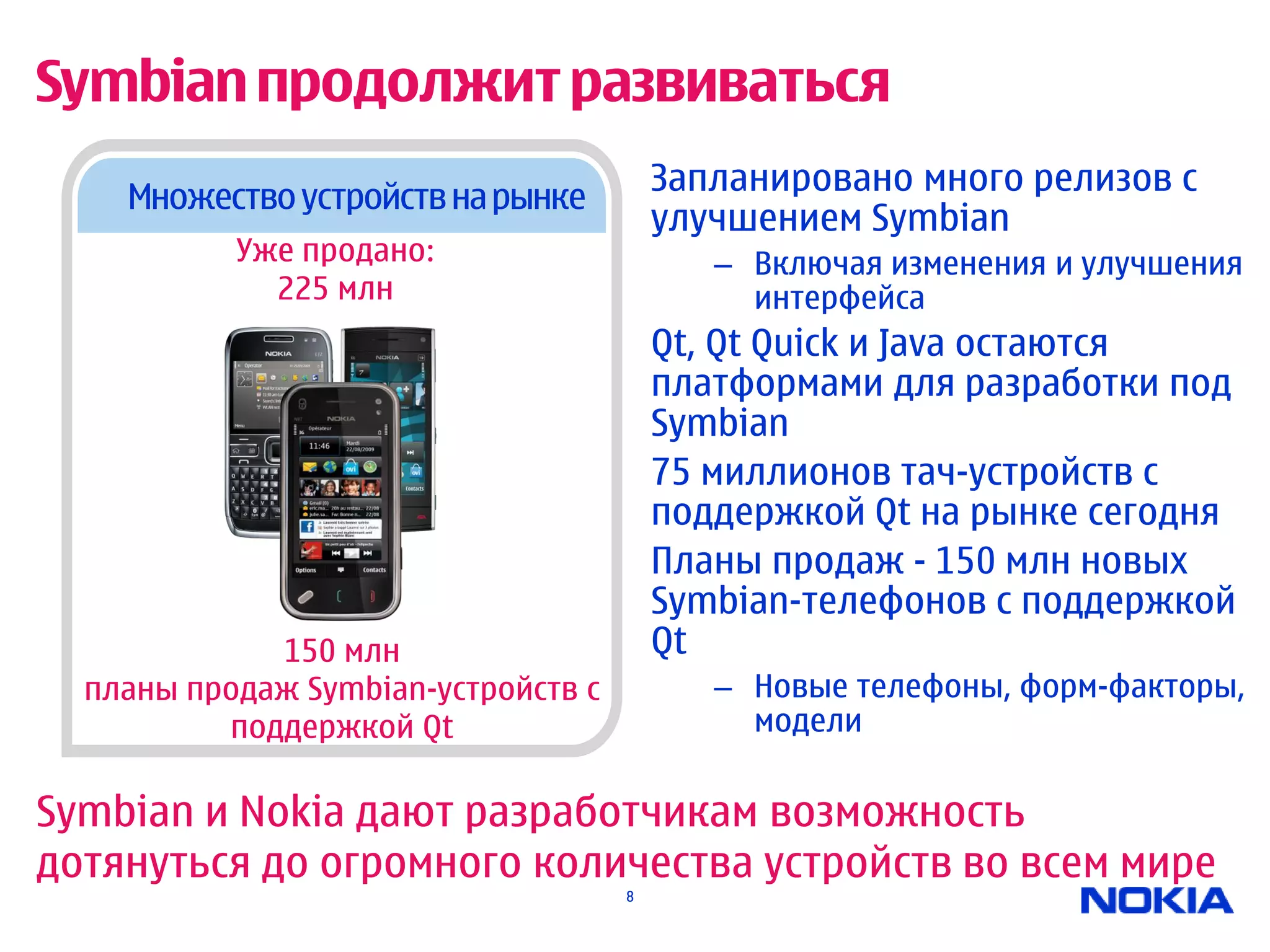 Symbian продолжит развиваться
    Множество устройств на рынке
                                         Запланировано много релизов с
                                         улучшением Symbian
           Уже продано:                     – Включая изменения и улучшения
             225 млн                          интерфейса
                                         Qt, Qt Quick и Java остаются
                                         платформами для разработки под
                                         Symbian
                                         75 миллионов тач-устройств с
                                         поддержкой Qt на рынке сегодня
                                         Планы продаж - 150 млн новых
                                         Symbian-телефонов с поддержкой
             150 млн                     Qt
  планы продаж Symbian-устройств с          – Новые телефоны, форм-факторы,
          поддержкой Qt                       модели

Symbian и Nokia дают разработчикам возможность
дотянуться до огромного количества устройств во всем мире
                                     8
 