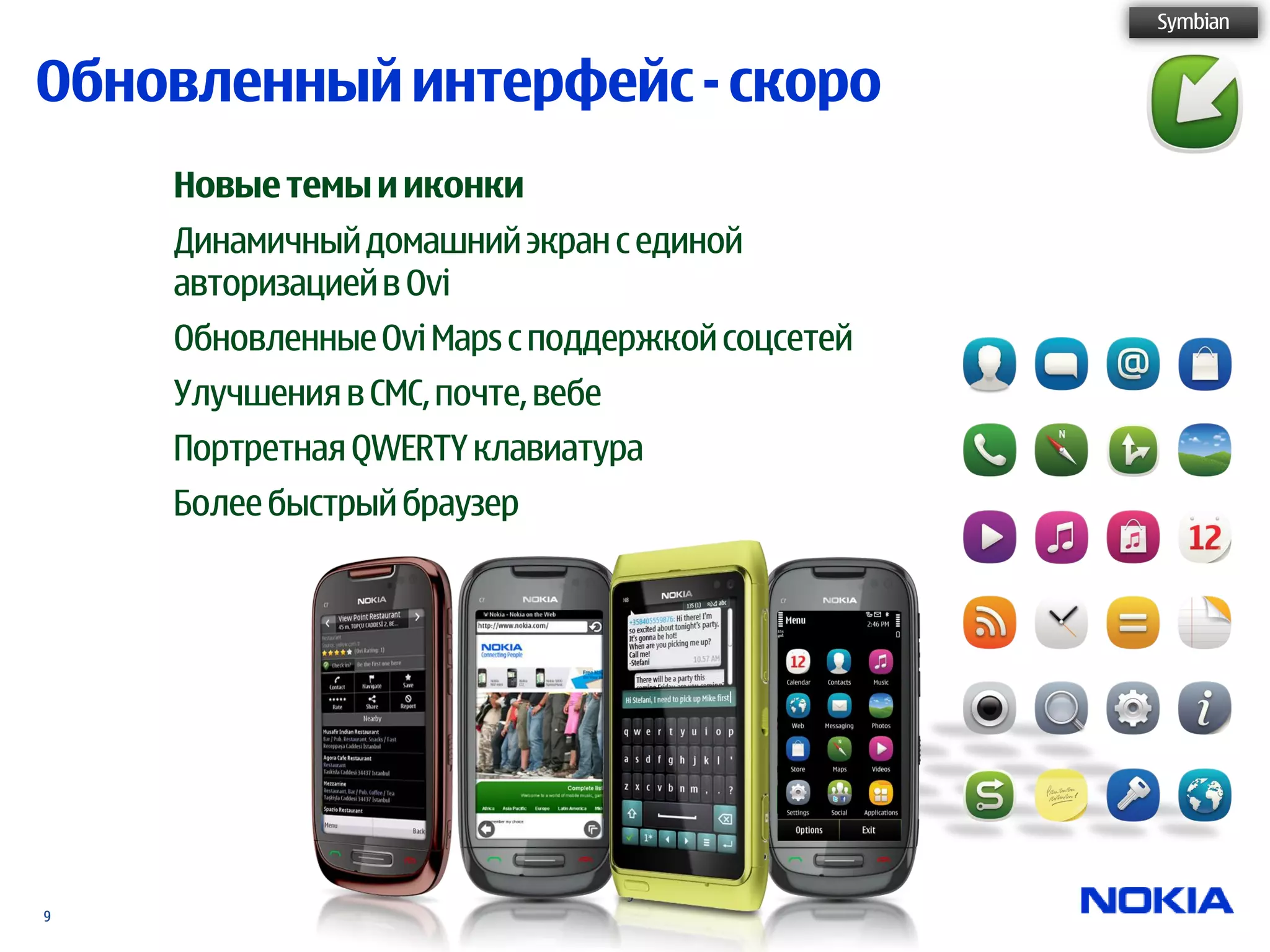 Symbian


Обновленный интерфейс - скоро
    Новые темы и иконки
    Динамичный домашний экран с единой
    авторизацией в Ovi
    Обновленные Ovi Maps с поддержкой соцсетей
    Улучшения в СМС, почте, вебе
    Портретная QWERTY клавиатура
    Более быстрый браузер




                                   9
9
 