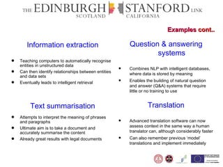 Examples  cont.. Information extraction Teaching computers to automatically recognise entities in unstructured data Can then identify relationships between entities and data sets Eventually leads to intelligent retrieval  Text summarisation Attempts to interpret the meaning of phrases and paragraphs Ultimate aim is to take a document and accurately summarise the content Already great results with legal documents  Question & answering systems C ombines NLP with intelligent databases, where data is stored by meaning Enables the building of natural question and answer (Q&A) systems that require little or no training to use  Translation Advanced translation software can now assess context in the same way a human translator can, although considerably faster Can also remember previous ‘model’ translations and implement immediately 