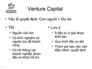Venture Capital  <ul><li>Tốt  </li></ul><ul><ul><li>Nguồn vốn lớn  </li></ul></ul><ul><ul><li>Có kinh nghiệm và nguồn lực ...