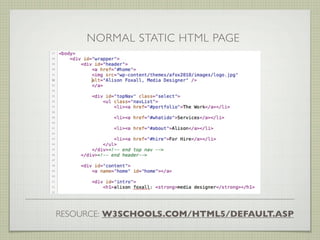 NORMAL STATIC HTML PAGE




RESOURCE: W3SCHOOLS.COM/HTML5/DEFAULT.ASP
 
