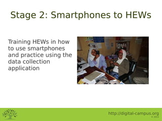 Stage 2: Smartphones to HEWs

Training HEWs in how
to use smartphones
and practice using the
data collection
application




                         http://digital-campus.org
                                              © 2011
 