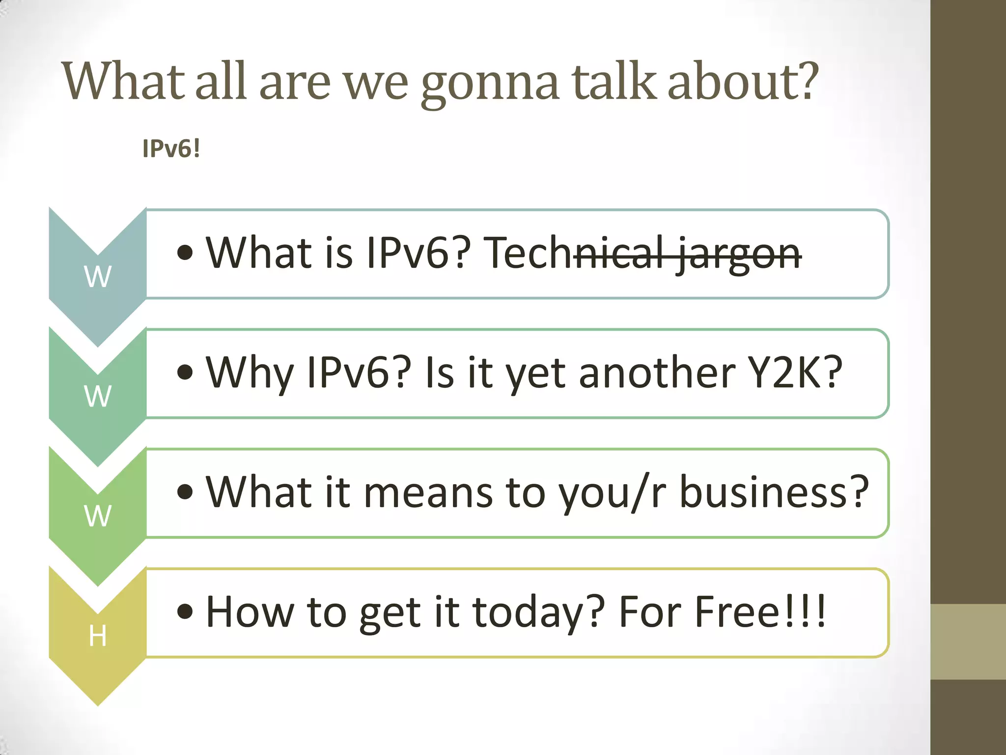 What all are we gonna talk about?
     IPv6!



W
       • What is IPv6? Technical jargon

W
       • Why IPv6? Is it yet another Y2K?

W
       • What it means to you/r business?

 H
       • How to get it today? For Free!!!
 