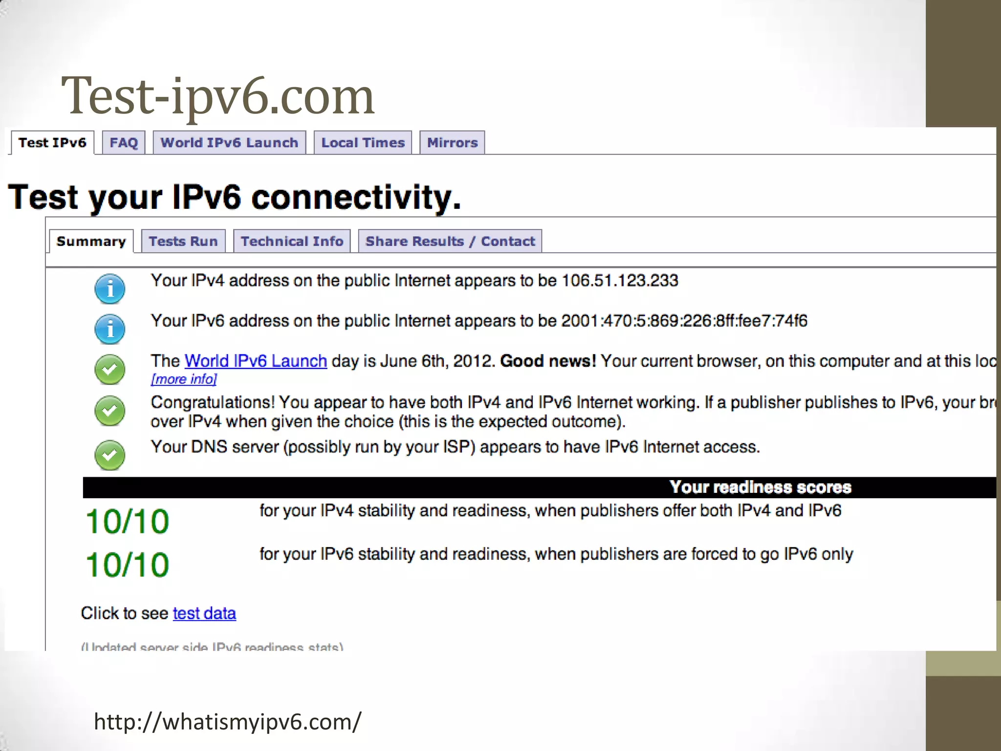 Test-ipv6.com




 http://whatismyipv6.com/
 