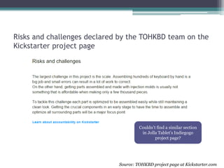 Risks and challenges declared by the TOHKBD team on the
Kickstarter project page
Source: TOHKBD project page at Kickstarter.com
Couldn’t find a similar section
in Jolla Tablet’s Indiegogo
project page?
 