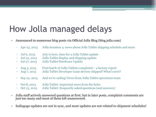 How Jolla managed delays
• Announced in numerous blog posts via Official Jolla Blog (blog.jolla.com)
▫ Apr 23, 2015 Jolla iteration 4: news about Jolla Tablet shipping schedule and more
▫ Jul 6, 2015 July is here, time for a Jolla Tablet update
▫ Jul 23, 2015 Jolla Tablet display and shipping update
▫ Jul 27, 2015 Jolla Tablet Hardware Update
▫ Aug 5, 2015 First batch of Jolla Tablets completed – a factory report
▫ Aug 7, 2015 Jolla Tablet Developer Loan devices shipped! What’s next?
▫ Sep 22, 2015 And we’re sailing! News from Jolla Tablet operations team
▫ Oct 8, 2015 Jolla Tablet: important news from the helm
▫ Oct 13, 2015 Jolla Tablet: frequently asked questions (and answers)
• Jolla staff actively answered questions at first; but in later posts, complaint comments are
just too many and most of them left unanswered.
• Indiegogo updates are not in sync, and most updates are not related to shipment schedules!
 