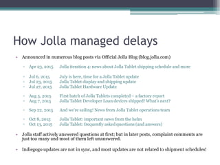 How Jolla managed delays
• Announced in numerous blog posts via Official Jolla Blog (blog.jolla.com)
▫ Apr 23, 2015 Jolla ...