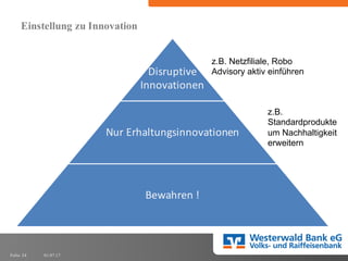 01.07.17Folie 24
Einstellung zu Innovation
Disruptive
Innovationen
Nur	
  Erhaltungsinnovationen	
  
Bewahren	
  !
z.B.  Netzfiliale,  Robo  
Advisory  aktiv  einführen
z.B.  
Standardprodukte  
um  Nachhaltigkeit  
erweitern  
 