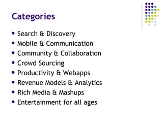 Categories Search & Discovery Mobile & Communication Community & Collaboration Crowd Sourcing Productivity & Webapps Revenue Models & Analytics Rich Media & Mashups Entertainment for all ages 