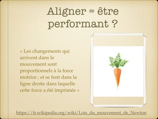 Aligner = être
performant ?
« Les changements qui
arrivent dans le
mouvement sont
proportionnels à la force
motrice ; et se font dans la
ligne droite dans laquelle
cette force a été imprimée »
https://fr.wikipedia.org/wiki/Lois_du_mouvement_de_Newton
 