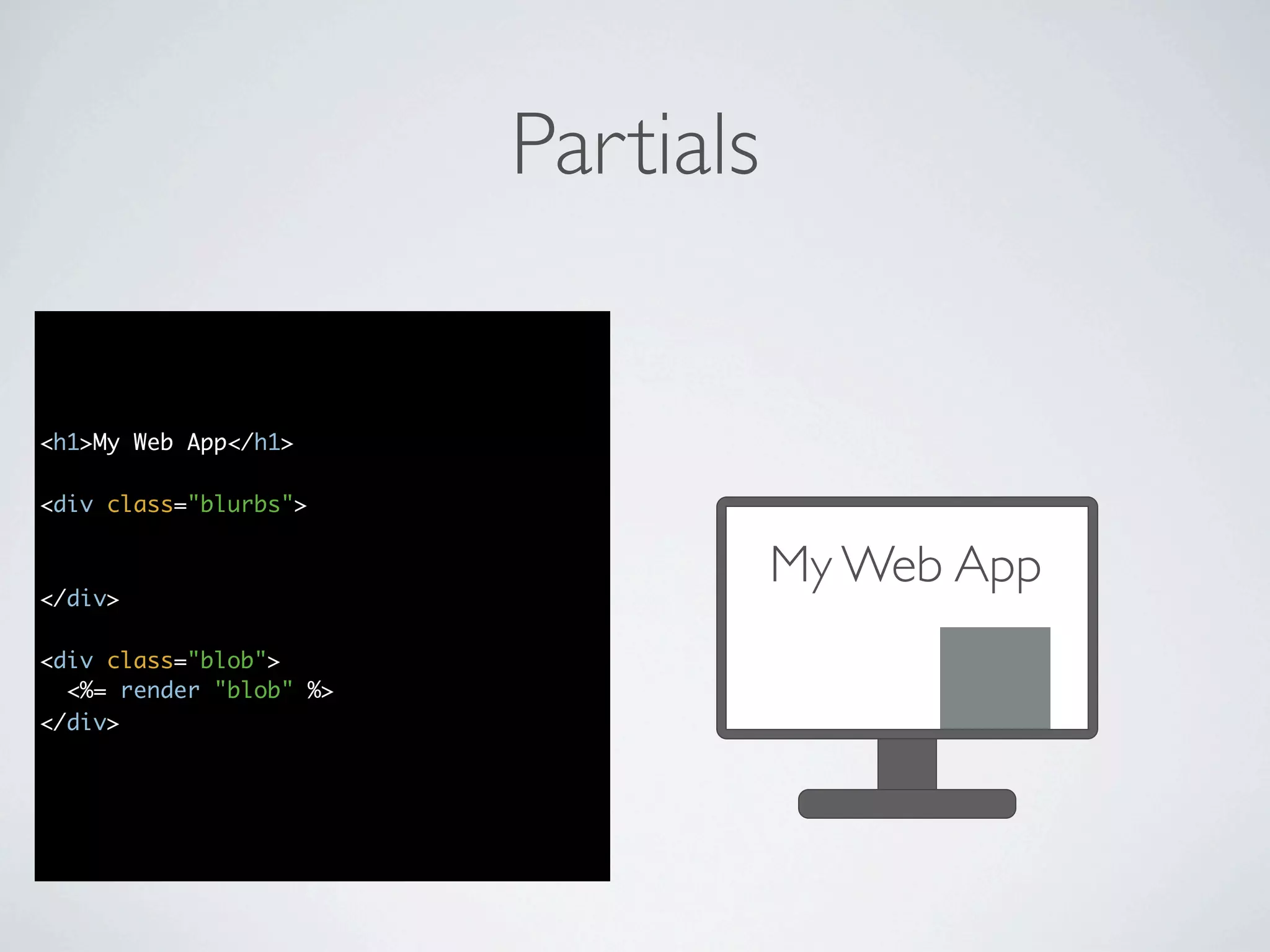 Partials


<h1>My Web App</h1>

<div class="blurbs">
  <%= render :partial => "blurb",

</div>
             :collection => @blurbs %>        My Web App
<div class="blob">
  <%= render "blob" %>
</div>
 