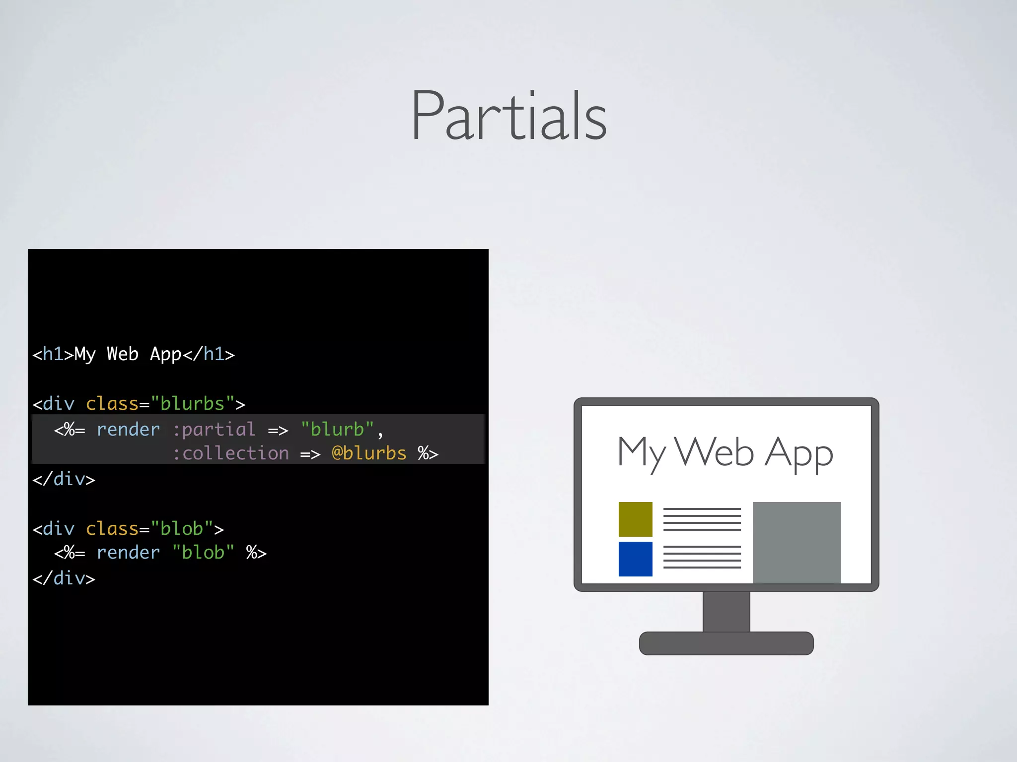 Partials


<h1>My Web App</h1>

<div class="blurbs">
  <%= render :partial => "blurb",

</div>
             :collection => @blurbs %>        My Web App
<div class="blob">
  <%= render "blob" %>
</div>
 
