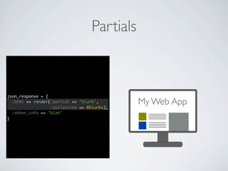 Partials



json_response = {
  :html => render(:partial => "blurb",
                  :collection => @blurbs),
                                              My Web App
  :other_info => "blah"
}
 