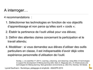 A interroger…
4 recommandations :
1. Sélectionner les technologies en fonction de vos objectifs
d’apprentissage et non parce qu’elles sont « cools »;
2. Établir la pertinence de l’outil utilisé pour vos élèves;
3. Définir des attentes claires concernant la participation et le
travail attendu;
4. Modéliser : si vous demandez aux élèves d’utiliser des outils
particuliers en classe, il est indispensable d’avoir déjà votre
expérience personnelle d’utilisation de l’outil.
Dunlap, J., & Lowenthal, P. (2011). Learning, unlearning, and relearning: Using Web 2.0 technologies
to support the development of lifelong learning skills. Dans G. Magoulas (dir.), E infrastructures and
technologies for lifelong learning: Next generation environments (p. 292-315). Hershey: IGI Global.
Lyonel Kaufmann - Numérique, pédagogie et simplicité - AQUOPS 2015
 