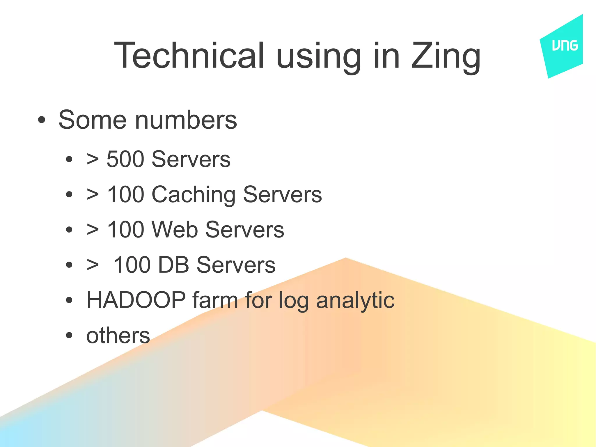 Technical using in Zing
●   Some numbers
    ●   > 500 Servers
    ●   > 100 Caching Servers
    ●   > 100 Web Servers
    ●   > 100 DB Servers
    ●   HADOOP farm for log analytic
    ●   others
 