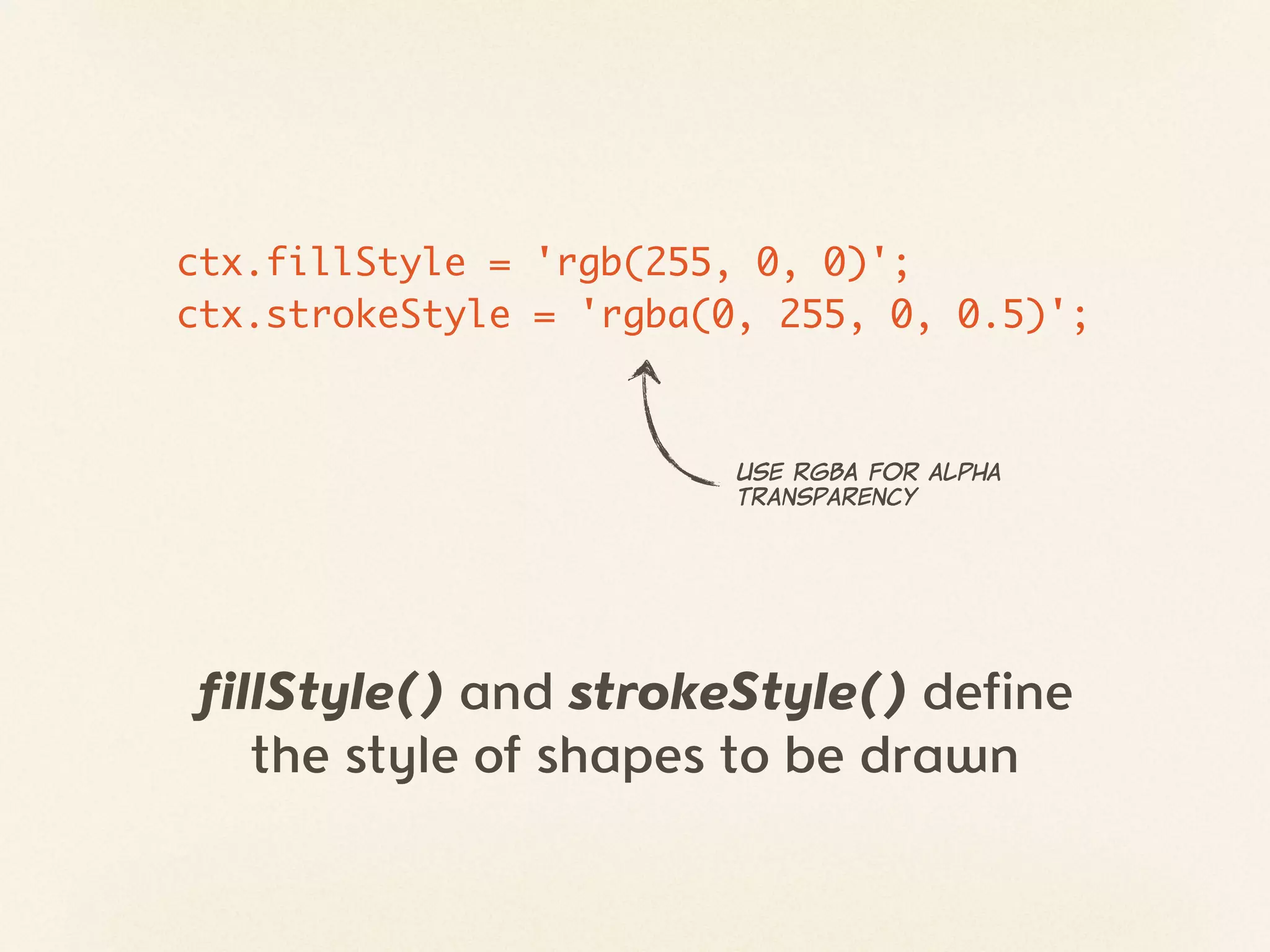 ctx.fillStyle = 'rgb(255, 0, 0)';
ctx.strokeStyle = 'rgba(0, 255, 0, 0.5)';



                         Use  RGBA  for  alpha
                         transparency




fillStyle() and strokeStyle() define
   the style of shapes to be drawn
 