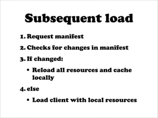 Subsequent load
1. Request manifest
2. Checks for changes in manifest
3. If changed:
 • Reload all resources and cache
    locally
4. else
 • Load client with local resources
 