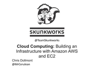 @TeamSkunkworks

   Cloud Computing: Building an
  Infrastructure with Amazon AWS
               and EC2
Chris Dollmont
@MrCerulean
 