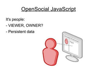 OpenSocial JavaScript It's people: - VIEWER, OWNER? - Persistent data 
