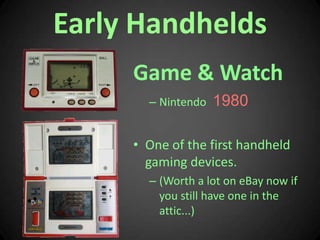 Early Handhelds<br />Game & Watch<br />Nintendo 1980<br />One of the first handheld gaming devices.<br />(Worth a lot on e...