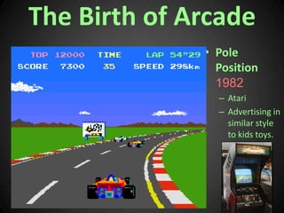 The Birth of Arcade<br />Pole Position 1982<br />Atari<br />Advertising in similar style to kids toys.<br />