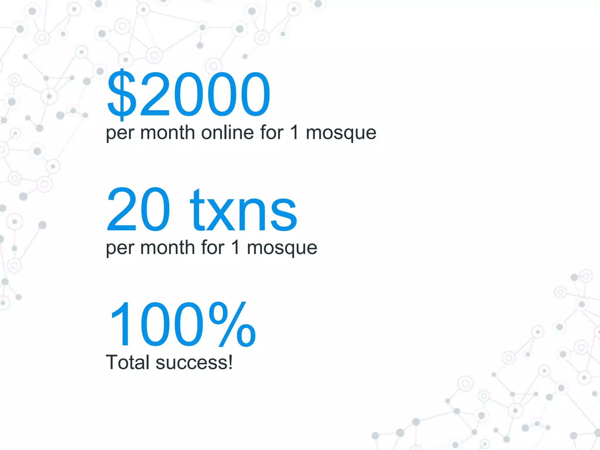 $2000per month online for 1 mosque
100%Total success!
20 txnsper month for 1 mosque
 
