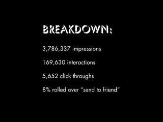 Breakdown:
3,786,337 impressions

169,630 interactions

5,652 click throughs

8% rolled over “send to friend”
 