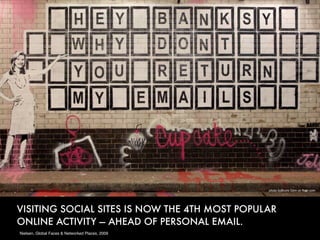 photo byBruno Girin on flickr.com




VISITING SOCIAL SITES IS NOW THE 4TH MOST POPULAR
ONLINE ACTIVITY — AHEAD OF PERSONAL EMAIL.
Nielsen, Global Faces & Networked Places, 2009
 