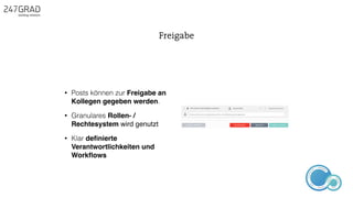 • Posts können zur Freigabe an
Kollegen gegeben werden.
• Granulares Rollen- /
Rechtesystem wird genutzt
• Klar deﬁnierte
Verantwortlichkeiten und
Workﬂows
Freigabe
ANALYSE
GNIROTIN
OMNO
ITKARETNI
NOITAKILBUP
EBA
G
IERF
CONTENT-ERSTEL
LUNG
IDEENSAMMLUN
G
 