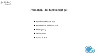 Promotion - das funktioniert gut
ANALYSE
GNIROTIN
OMNO
ITKARETNI
NOITAKILBUP
EBA
G
IERF
CONTENT-ERSTEL
LUNG
IDEENSAMMLUN
G
• Facebook Mobile Ads
• Facebook Caroussel Ads
• Retargeting
• Twitter Ads
• Youtube Ads
 
