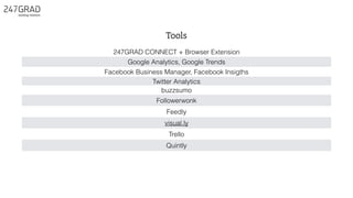 Tools
247GRAD CONNECT + Browser Extension
Google Analytics, Google Trends
Facebook Business Manager, Facebook Insigths
Twitter Analytics
buzzsumo
Followerwonk
Feedly
visual.ly
Trello
Quintly
 