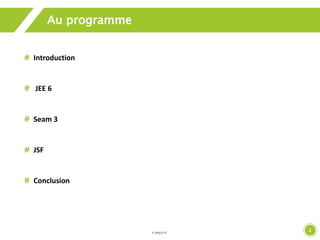2 
Au programme 
Introduction 
JEE 6 
Seam 3 
JSF 
Conclusion 
 