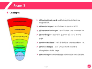 20 
Seam 3 
Les scopes 
@ApplicationScoped : actif durant toute la vie de 
l’application. 
@SessionScoped : actif durant la session HTTP. 
@ConservationScoped : actif durant une conversation. 
@ViewScoped : actif tant que l’on est sur la même 
page. 
@RequestScoped : actif le temps d’une requête HTTP. 
@RenderScoped : actif uniquement durant le 
chargement d’une page. 
@FlashScoped : micro scope destiné aux notifications. 
 