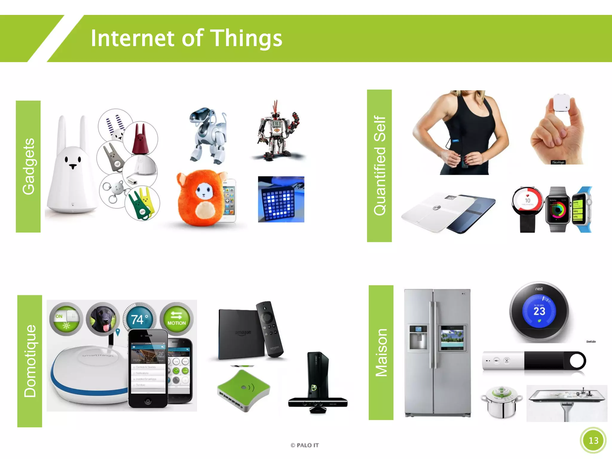 13 
Internet of Things 
Maison 
Gadgets 
Quantified Self 
Domotique  
