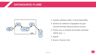 1313
DATASOURCE FLUME
Système distribué, fiable, à haute disponibilité
Solution de collecte et d’agrégation de gros
volumes données depuis plusieurs sources
Pusher vers un entrepôt de données centralisé
(HDFS, ELS …)
Agents
Source, Channel, Sink
 