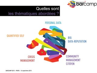 BARCAMP 2013 – PARIS – 14 septembre 2013
EreputationCamp
4
PERSONAL DATA
QUANTIFIED SELF
CRISIS
MANAGEMENT
COMMUNITY
MANAGEMENT
CITOYEN
BIG
DATA-REPUTATION
Quelles sont
les thématiques abordées ?
 