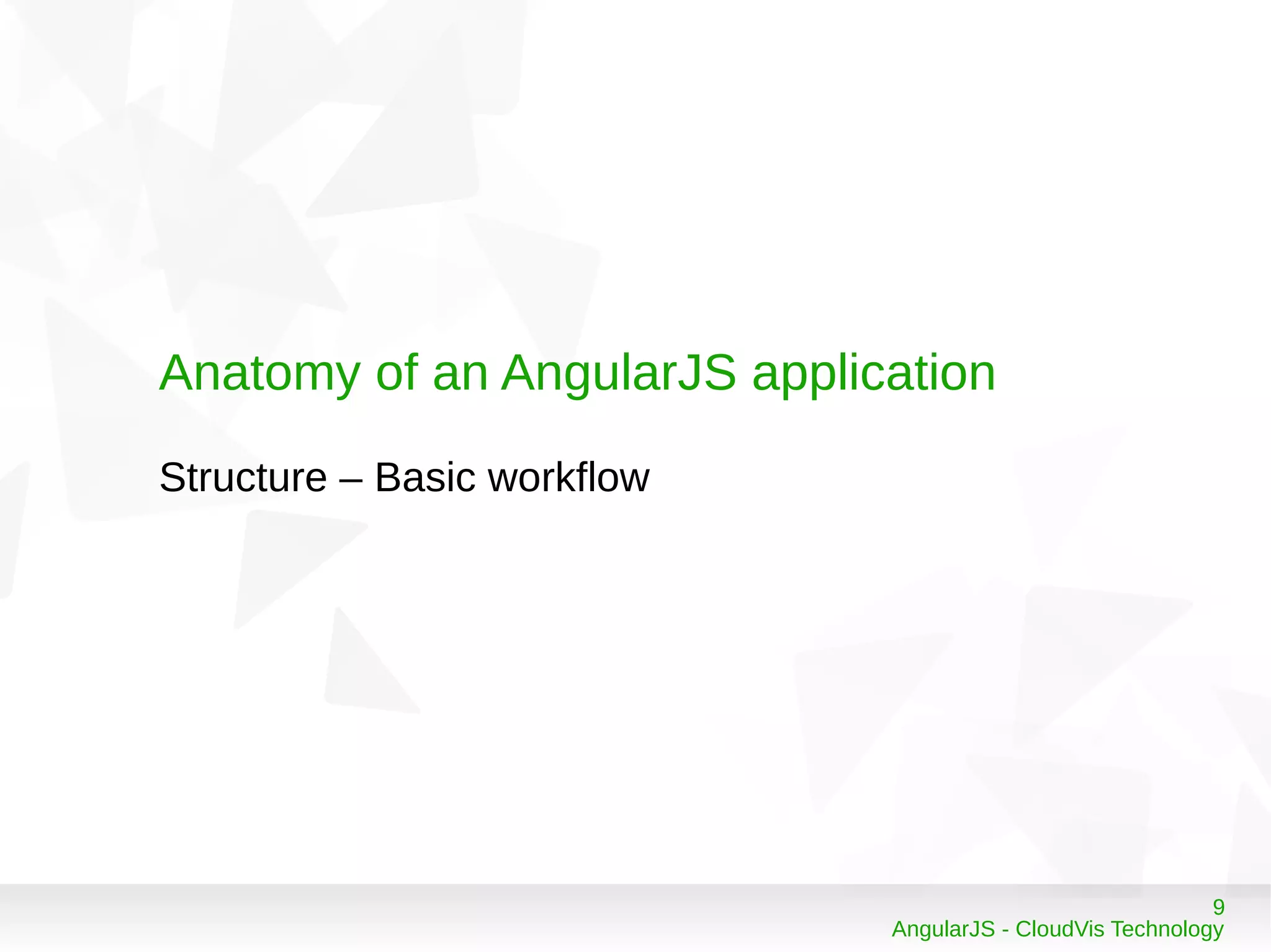 9
AngularJS - CloudVis Technology
Anatomy of an AngularJS application
Structure – Basic workflow
 