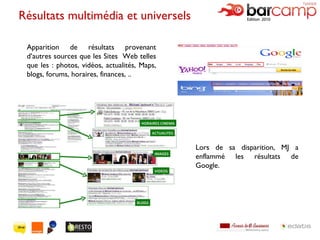 Résultats multimédia et universels Apparition de résultats provenant d’autres sources que les Sites  Web telles que les : photos, vidéos, actualités, Maps, blogs, forums, horaires, finances, .. Lors de sa disparition, MJ a enflammé les résultats de Google. 