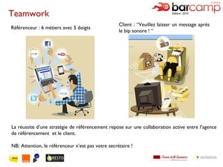 Référenceur : 6 métiers avec 5 doigts La réussite d’une stratégie de référencement repose sur une collaboration active entre l’agence de référencement  et le client. NB: Attention, le référenceur n’est pas votre secrétaire ! Client :  “ Veuillez laisser un message après le bip sonore !  “   Teamwork 