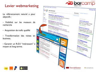 Le référencement naturel a pour objectifs : Visibilité sur les moteurs de recherche Acquisition de trafic qualifié Transformation des visites en business. Garantir un R.O.I  “intéressant” à moyen et long terme. Levier webmarketing 