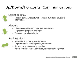 Up/Down/Horizontal CommunicationsCollecting data…Simplify getting unstructured, semi-structured and structured informationAlerting…Of whatever information you think is importantTargeted by geography and topicsTeams or general populationBreaking SilosNational –  sms chat across the borderOrganizational – across agencies, institutionsBetween responders and populationAcross domains – water, sanitation, rescue experts together