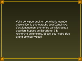 Voilà donc pourquoi, en cette belle journée ensoleillée, la photographe Jola Dziubinska s’est longuement promenée dans les beaux quartiers huppés de Barcelone, à la recherche de fenêtres, et ceci pour notre plus grand bonheur visuel! 